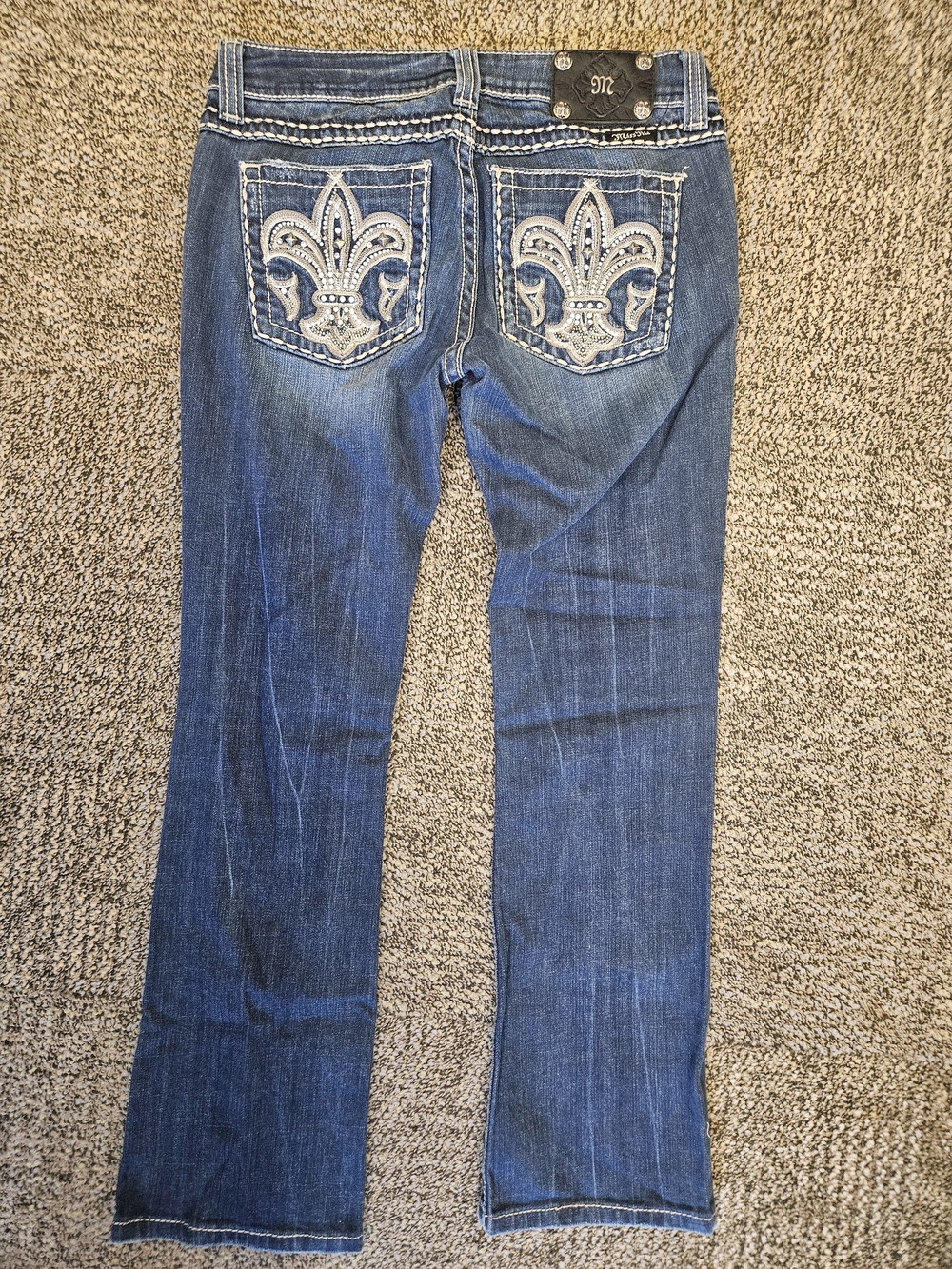 Size 29 Miss Me Signature Fleur De Lis  Embroidered Bootcut Jeans